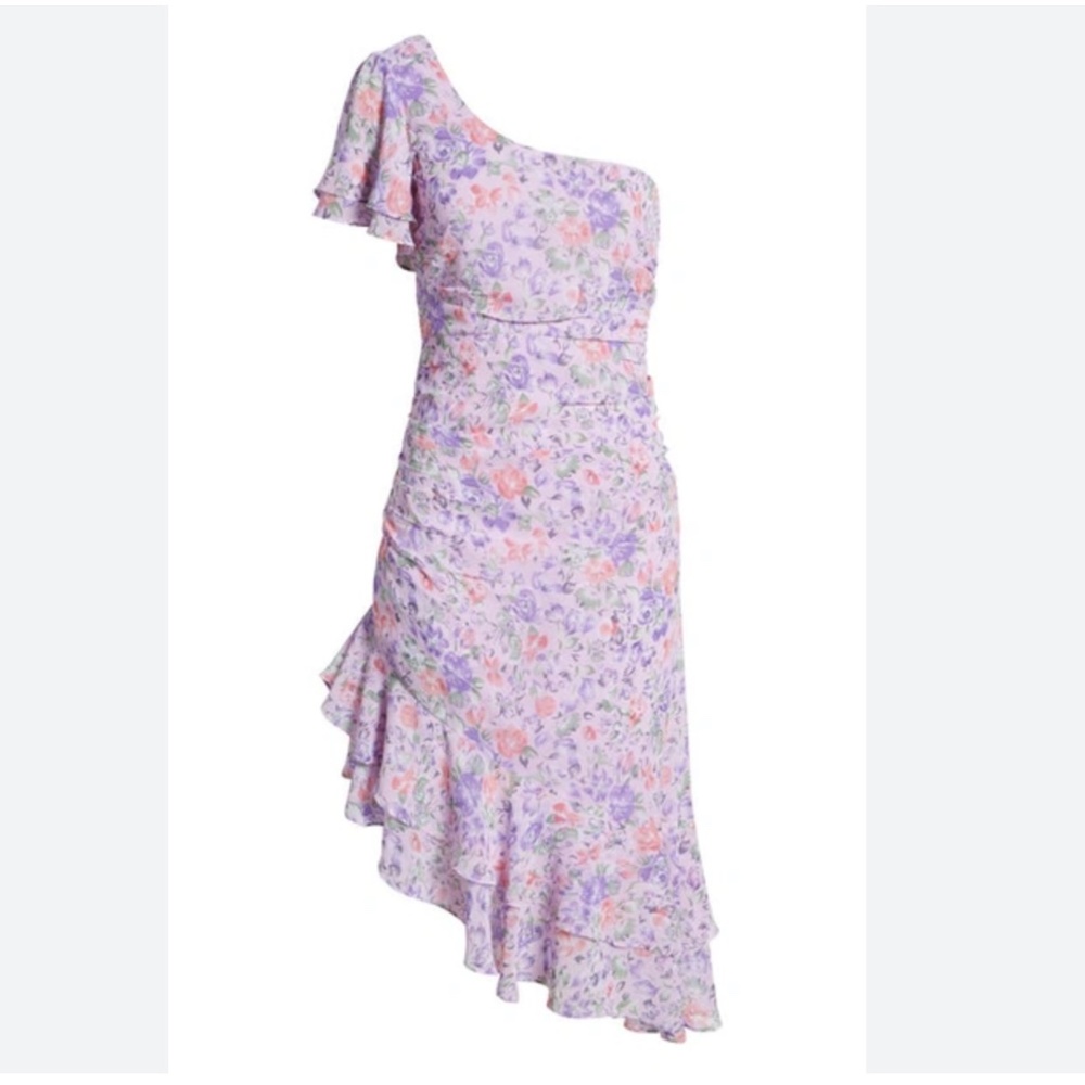 Floret Studios Lilac Purple Floral One Shoulder Ruched Dress